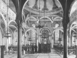 (27/48): Wnętrze synagogi w Włocławku<br>rys. Adolf Kozarski, ryt. Julian Schubeler, 1872 r.<br>Wnętrze synagogi z wejścia od ul. Żabiej, proj. F. Tournella z 1854 r.